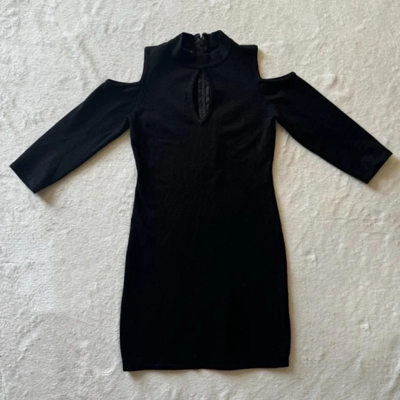 bebe Dresses & Skirts - Y2K 2000s bebe Black Bodycon Turtleneck Mini Dress with Cold Shoulder